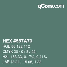 Color code: HEX #567A70 | qconv.com