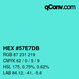 Color code: HEX #57E7DB | qconv.com