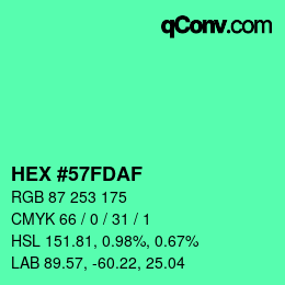 Color code: HEX #57FDAF | qconv.com