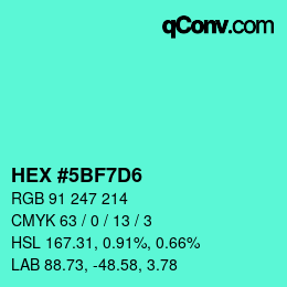 Farbcode: HEX #5BF7D6 | qconv.com