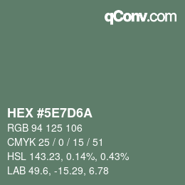 Color code: HEX #5E7D6A | qconv.com