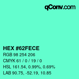 Color code: HEX #62FECE | qconv.com