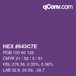 Color code: HEX #643C7E | qconv.com