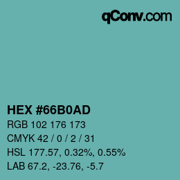 Color code: HEX #66B0AD | qconv.com