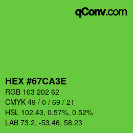 Color code: HEX #67CA3E | qconv.com