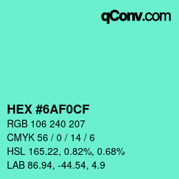 Color code: HEX #6AF0CF | qconv.com