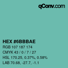 Color code: HEX #6BBBAE | qconv.com