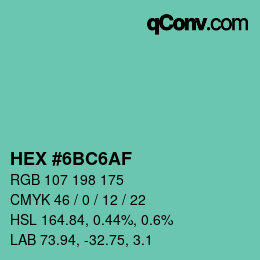 Color code: HEX #6BC6AF | qconv.com