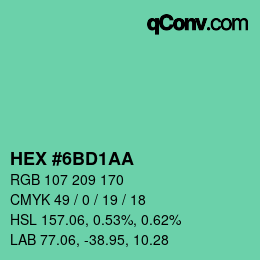 カラーコード: HEX #6BD1AA | qconv.com