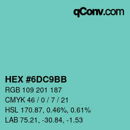 カラーコード: HEX #6DC9BB | qconv.com