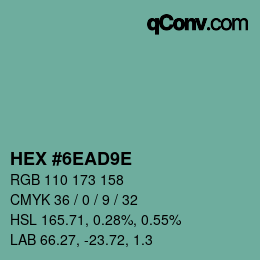 Color code: HEX #6EAD9E | qconv.com