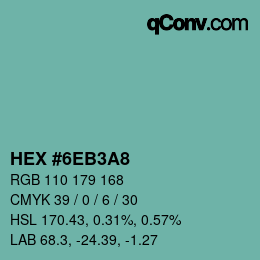 カラーコード: HEX #6EB3A8 | qconv.com