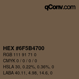 颜色代码: HEX #6F5B4700 | qconv.com