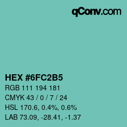 カラーコード: HEX #6FC2B5 | qconv.com