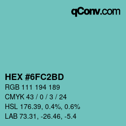 カラーコード: HEX #6FC2BD | qconv.com