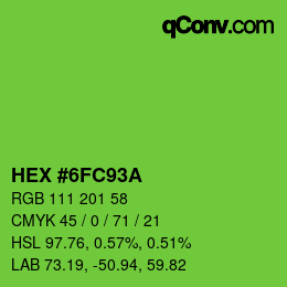 颜色代码: HEX #6FC93A | qconv.com