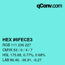 カラーコード: HEX #6FECE3 | qconv.com