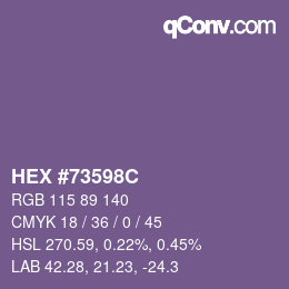 Color code: HEX #73598C | qconv.com