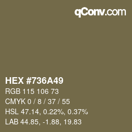 Farbcode: HEX #736A49 | qconv.com