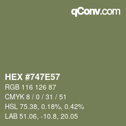 Farbcode: HEX #747E57 | qconv.com