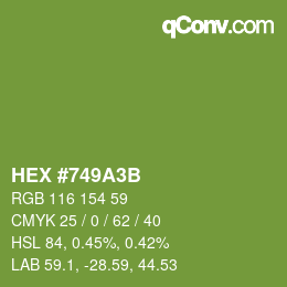 Color code: HEX #749A3B | qconv.com