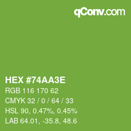 Color code: HEX #74AA3E | qconv.com