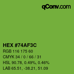 Color code: HEX #74AF3C | qconv.com