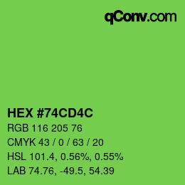 カラーコード: HEX #74CD4C | qconv.com