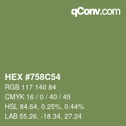 Farbcode: HEX #758C54 | qconv.com