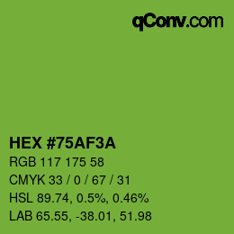 Color code: HEX #75AF3A | qconv.com