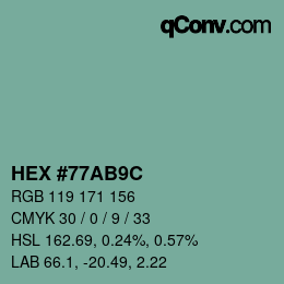 Color code: HEX #77AB9C | qconv.com
