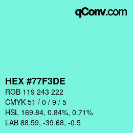 Color code: HEX #77F3DE | qconv.com