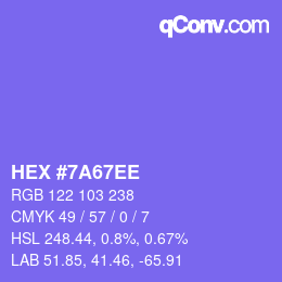 Code couleur: HEX #7A67EE | qconv.com