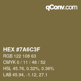 カラーコード: HEX #7A6C3F | qconv.com
