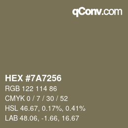Code couleur: HEX #7A7256 | qconv.com