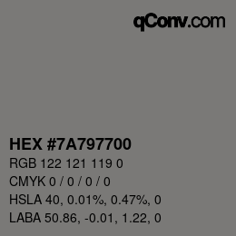 Farbcode: HEX #7A797700 | qconv.com