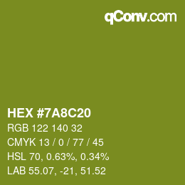 Color code: HEX #7A8C20 | qconv.com