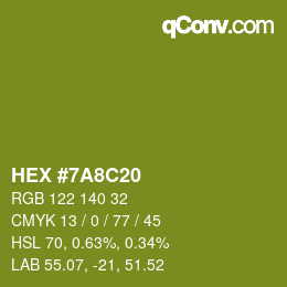 カラーコード: HEX #7A8C20 | qconv.com