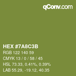 Color code: HEX #7A8C3B | qconv.com