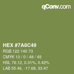 Color code: HEX #7A8C49 | qconv.com