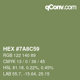 Color code: HEX #7A8C59 | qconv.com