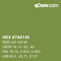 Code couleur: HEX #7A9145 | qconv.com