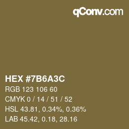 Color code: HEX #7B6A3C | qconv.com