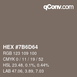 颜色代码: HEX #7B6D64 | qconv.com