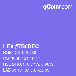 Color code: HEX #7B6DEC | qconv.com