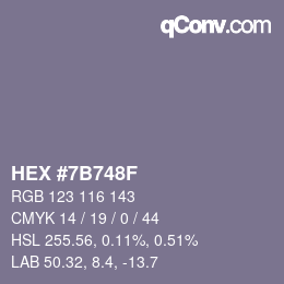 Farbcode: HEX #7B748F | qconv.com