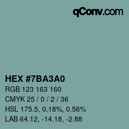 Farbcode: HEX #7BA3A0 | qconv.com