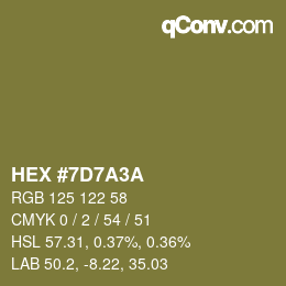 カラーコード: HEX #7D7A3A | qconv.com