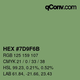 Color code: HEX #7D9F6B | qconv.com