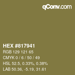 Código de color: HEX #817941 | qconv.com